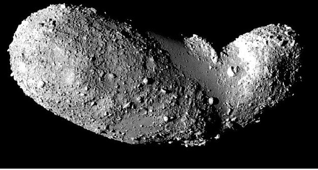 The Itokawa asteroid is primarily composed of silicate rocks. Its surface is affected by space weathering. Photo by NASA